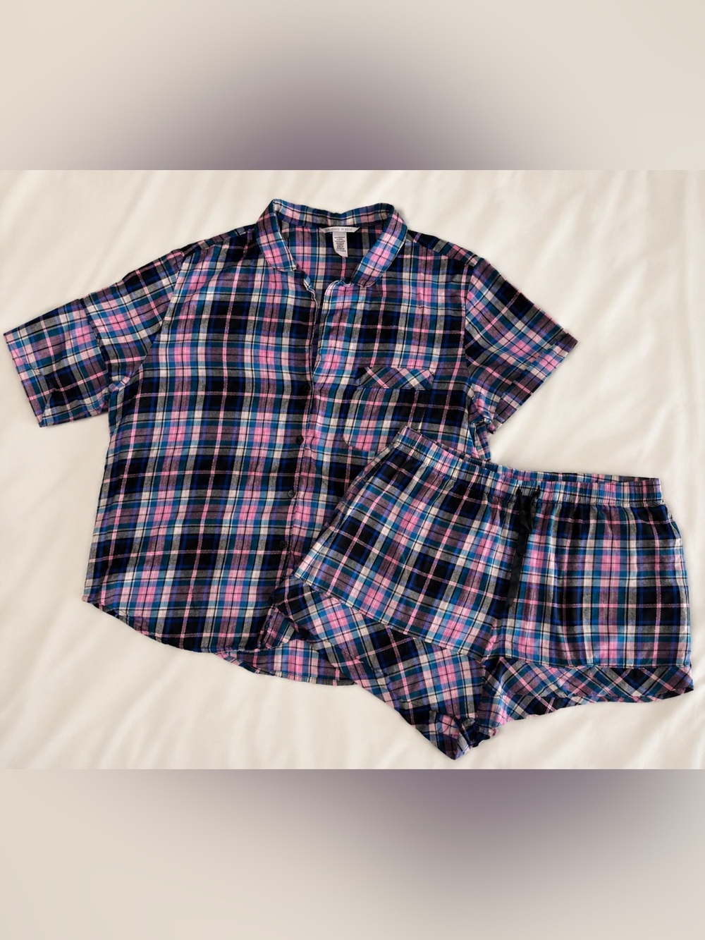 Victoria's Secret Plaid Pajama Set Large Pink Blue Black Sleepwear Shorts